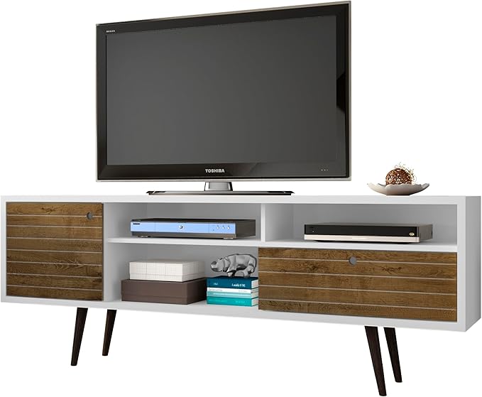 Manhattan Comfort Liberty Mid Century Modern TV Stand for Televisions up to 65 Inches, Bedroom and Living Room Entertainment Center with Storage, Shelves, and Cabinet, 71" Wide, White/Rustic Brown - LeafyLoom