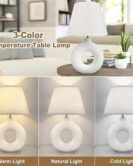 Boho Table Lamp for Living Room Bedroom, 21" Modern White Ceramic Bedside Lamps 3 Color Temperature Farmhouse Rustic Table Lamps for Night Stands, Dorm, Office, Home Décor (Bulb Included) - LeafyLoom
