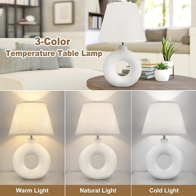 Boho Table Lamp for Living Room Bedroom, 21" Modern White Ceramic Bedside Lamps 3 Color Temperature Farmhouse Rustic Table Lamps for Night Stands, Dorm, Office, Home Décor (Bulb Included) - LeafyLoom