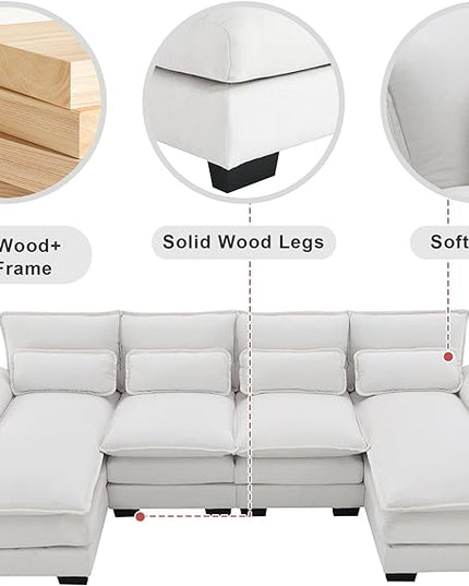 U Shaped Modular Sectional Sofa with Double Chaise Lounge, Chenille Upholstered Symmetrical Cloud Couch with Solid Wood Legs and Waist Pillows, 6 Seater Large Sofa&Couch for Living Room Office - LeafyLoom