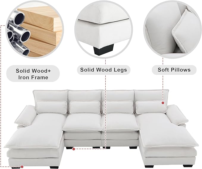 U Shaped Modular Sectional Sofa with Double Chaise Lounge, Chenille Upholstered Symmetrical Cloud Couch with Solid Wood Legs and Waist Pillows, 6 Seater Large Sofa&Couch for Living Room Office - LeafyLoom