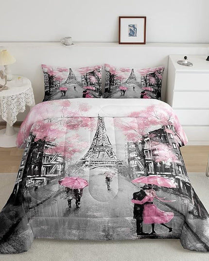 Paris Comforter Set French Eiffel Tower Bedding Sets Twin for Girls Kids Women Paris Themed Bedroom Decor Watercolor Cherry Blossoms Comforter Couple Retro Gray Building Quilted Duvet Pink Grey 2 Pcs - LeafyLoom