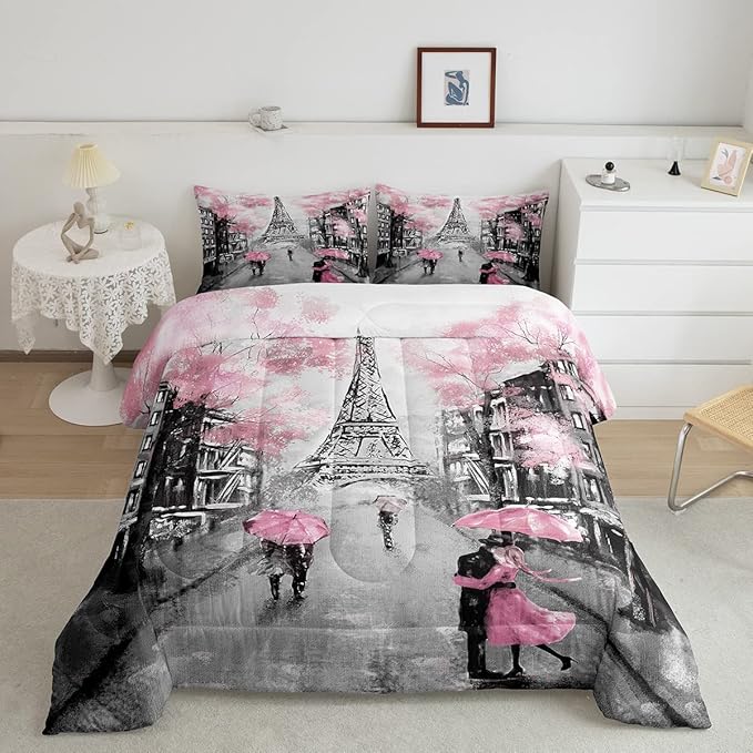 Paris Comforter Set French Eiffel Tower Bedding Sets Twin for Girls Kids Women Paris Themed Bedroom Decor Watercolor Cherry Blossoms Comforter Couple Retro Gray Building Quilted Duvet Pink Grey 2 Pcs - LeafyLoom
