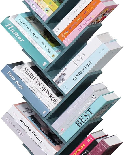 10 Tier Tree Book Shelf, Floor Standing Wood Bookshelf for Narrow Space, Storage Organizer Bookshelves for Books/CDs/Magazine, Bookcase with Shelves for Home Office, Living Room - Blue - LeafyLoom