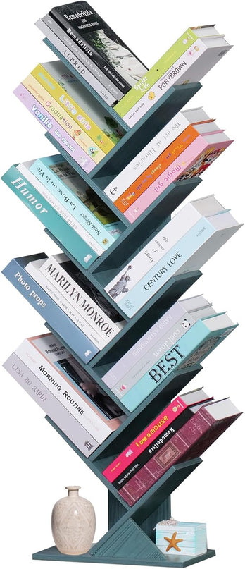 10 Tier Tree Book Shelf, Floor Standing Wood Bookshelf for Narrow Space, Storage Organizer Bookshelves for Books/CDs/Magazine, Bookcase with Shelves for Home Office, Living Room - Blue - LeafyLoom