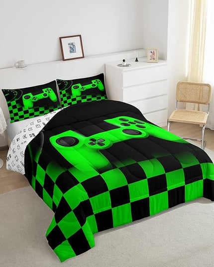 Gaming Bedding Set Queen Size Game Comforter Set for Boys Girls Kids Teens Soft Microfiber Green Modern Buttons Video Game Duvet Insert Gamer Room Decorative 3 Piece Bedding Set with 2 Pillow Shams - LeafyLoom