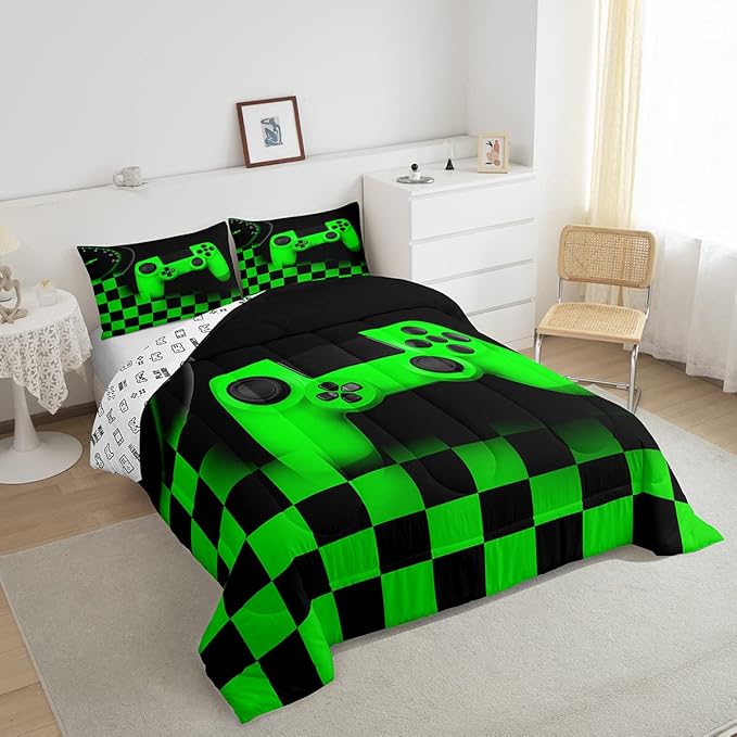 Gaming Bedding Set Queen Size Game Comforter Set for Boys Girls Kids Teens Soft Microfiber Green Modern Buttons Video Game Duvet Insert Gamer Room Decorative 3 Piece Bedding Set with 2 Pillow Shams - LeafyLoom