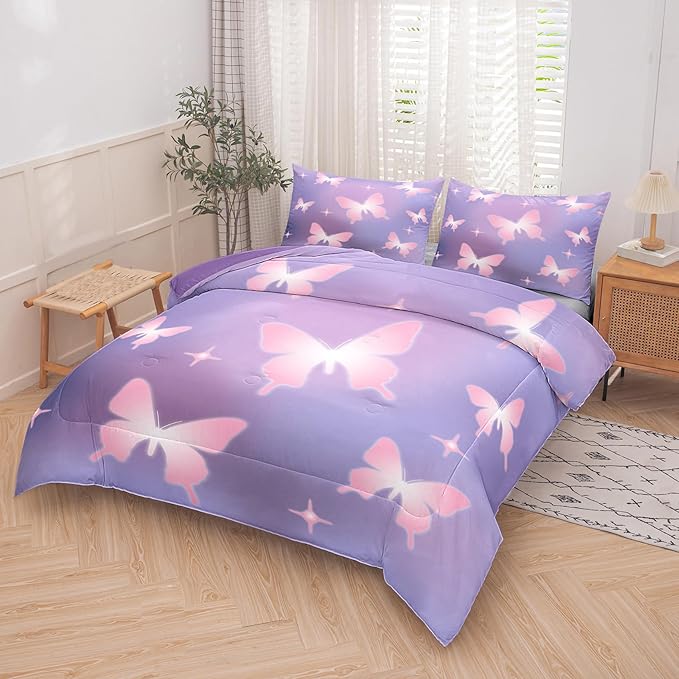Tailor Shop Butterfly Comforter Sets Queen Size,Purple Pink Butterfly Bedding Sets for Girls Kids Teens with 2 Pillowcase… - LeafyLoom