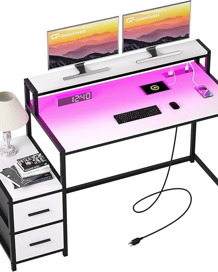 GreenForest Small Desk for Bedroom, 39.4 inch Computer Desk with 2 Drawers, Gaming Desk with LED Light and Power Outlet, Reversible Office Desk with Monitor Stand, Desk for Small Spaces, White - LeafyLoom