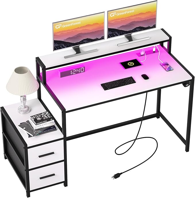 GreenForest Small Desk for Bedroom, 39.4 inch Computer Desk with 2 Drawers, Gaming Desk with LED Light and Power Outlet, Reversible Office Desk with Monitor Stand, Desk for Small Spaces, White - LeafyLoom