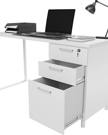 Milano Home Office Desk - 47 Inch White/White Home Office Desk with Drawers - Modern Computer Desk with Storage, Detachable & Lockable Computer Cabinet - Wooden Office, Study, and Writing Table - LeafyLoom
