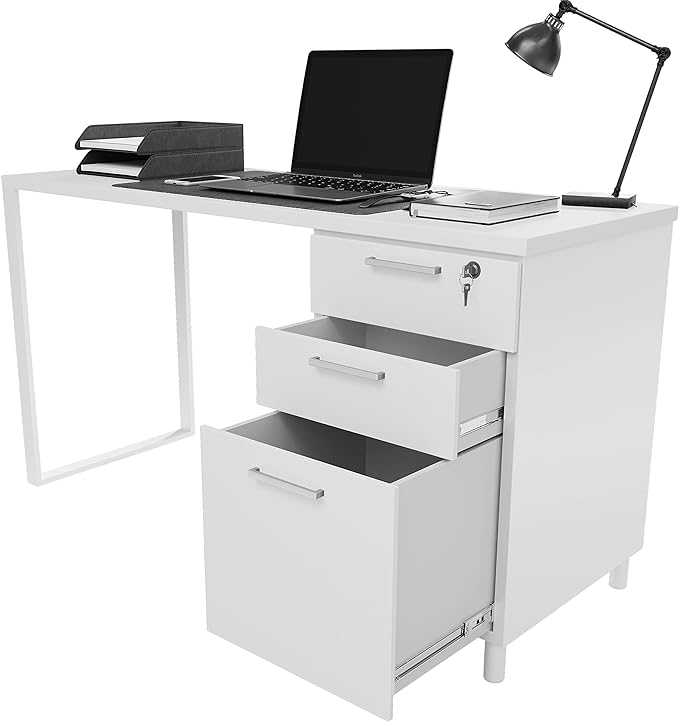Milano Home Office Desk - 47 Inch White/White Home Office Desk with Drawers - Modern Computer Desk with Storage, Detachable & Lockable Computer Cabinet - Wooden Office, Study, and Writing Table - LeafyLoom