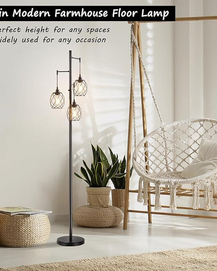 70" Dimmable Floor Lamp for Living Room, Industrial 3-light Tree Floor Lamp Black with Cages, Farmhouse Rustic Tall Standing Lamp Floor Lighting for Bedroom Office, LED Edison Bulbs - LeafyLoom