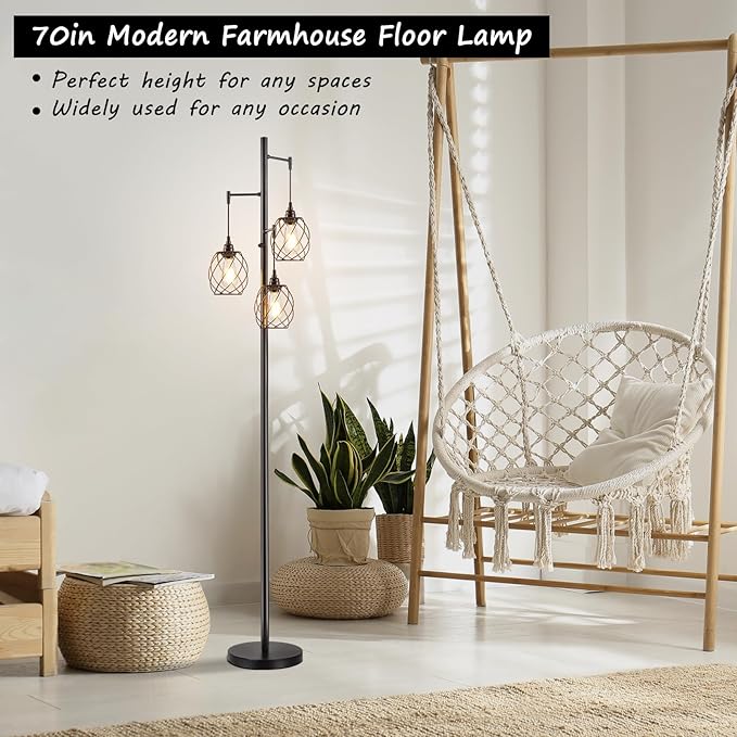 70" Dimmable Floor Lamp for Living Room, Industrial 3-light Tree Floor Lamp Black with Cages, Farmhouse Rustic Tall Standing Lamp Floor Lighting for Bedroom Office, LED Edison Bulbs - LeafyLoom