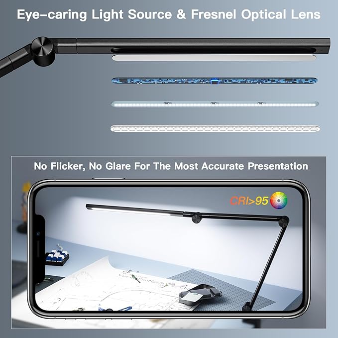 LED Desk Lamp, Desk Light for Home Office, Dual Light Source, Eye-Caring Optical Lens, 5 Color Modes & Brightness, 18W Brightest, Swing Arm Office Lamp, Puzzle Light, Clamp Lamp, Black - LeafyLoom