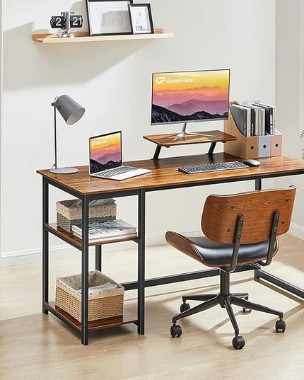 GreenForest Computer Home Office Desk with Monitor Stand and Reversible Storage Shelves,55 inch Modern Simple Writing Study PC Work Table,Walnut - LeafyLoom