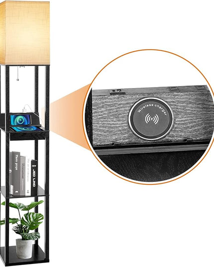 Floor Lamp with Shelves, RUNTOP LED Shelf Floor Lamp with Wireless Charger & 2 Charging USB Ports & Drawer, AC Outlet, 3 Color Temperature Tall Standing Lamp with Bulb for Living Room, Bedroom, Office - LeafyLoom