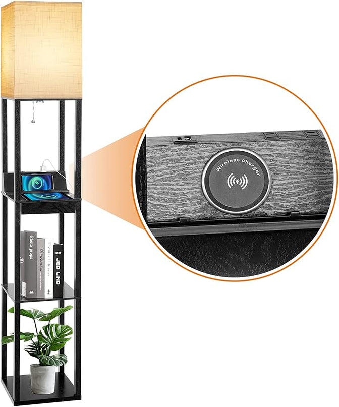 Floor Lamp with Shelves, RUNTOP LED Shelf Floor Lamp with Wireless Charger & 2 Charging USB Ports & Drawer, AC Outlet, 3 Color Temperature Tall Standing Lamp with Bulb for Living Room, Bedroom, Office - LeafyLoom