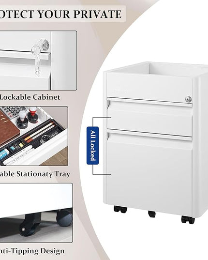 2 Drawer Mobile File Cabinet Top Storage Shelf, Rolling Metal Filing Cabinet for Legal & Letter File Anti-tilt Design with Lock Under Desk Office Drawers Fully Assembled Except Casters(Top ST W) - LeafyLoom