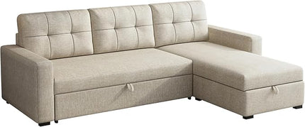 Upholstered Pull Out Sectional Sofa with Storage Chaise,Convertible Linen Corner Couch w/ 3 Movable Back Cushions,L-shaped Reversible Sleeper Sofa Bed,for Living Room Apartment,Beige - LeafyLoom