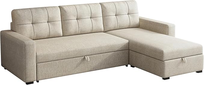 Upholstered Pull Out Sectional Sofa with Storage Chaise,Convertible Linen Corner Couch w/ 3 Movable Back Cushions,L-shaped Reversible Sleeper Sofa Bed,for Living Room Apartment,Beige - LeafyLoom