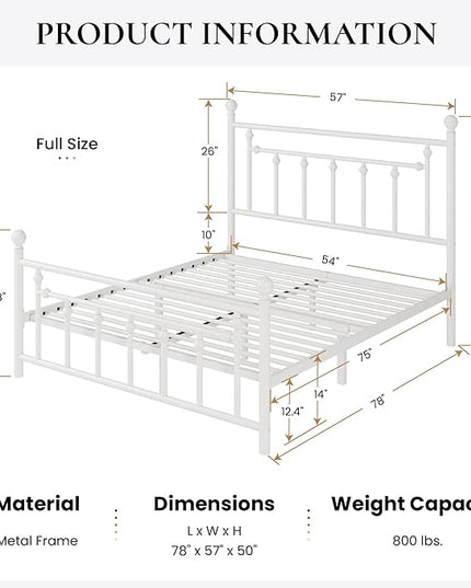 SHA CERLIN 14'' Full Size Metal Platform Bed Frame/Victorian Headboard and Footboard/Steel Slats Mattress Foundation for Storage/No Box Spring Needed/Noise Free/Off-White - LeafyLoom