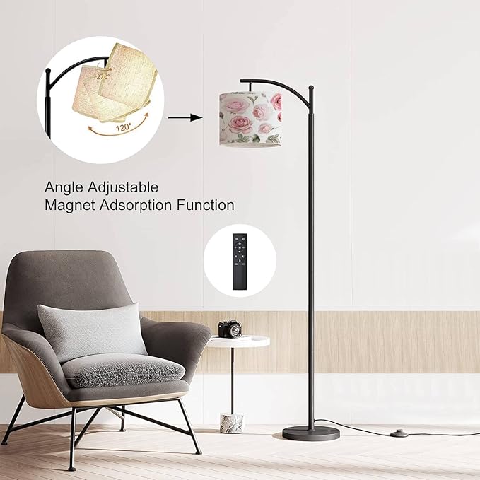 Modern Arc Floor Lamp with Dimmer Mid Century Set watercolor elements rose collection garden wild flowers leaves Metal Standing Lamp with Linen Shade Footswitch for Living Room Bedroom Office - LeafyLoom