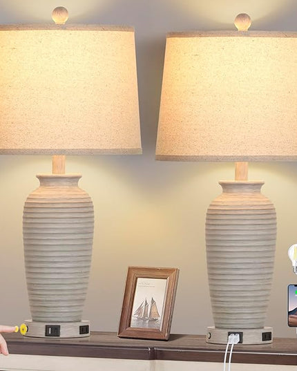 25" Farmhouse Jar Table Lamps Set of 2, 3 Way Touch Control Rustic Bedside Lamps with USB A+C Ports & AC Outlet, Pot Nightstand Lamps for Bedroom Living Room (LED Bulbs Included) - LeafyLoom