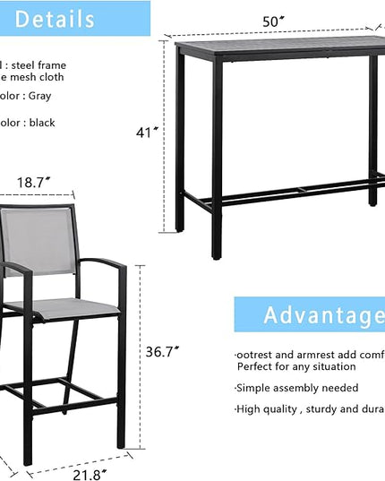 Shintenchi Patio Dining Sets, All Weather Textile Fabric Outdoor High Stool Bistro Set with 4 Bar Chairs and High Glass Table for Home, Backyard, Garden, Lawn, Porch, 5 Pieces - LeafyLoom