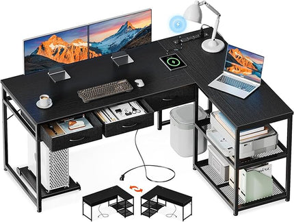 AODK 53 Inch L Shaped Computer Desk with Drawers, Corner Desk with Power Outlets & Reversible Storage Shelves, Movable CPU Stand for Home Office Gaming, Black - LeafyLoom