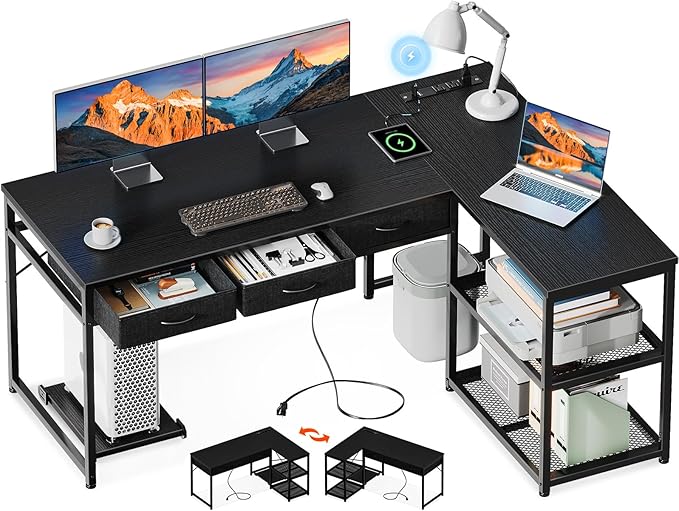 AODK 53 Inch L Shaped Computer Desk with Drawers, Corner Desk with Power Outlets & Reversible Storage Shelves, Movable CPU Stand for Home Office Gaming, Black - LeafyLoom