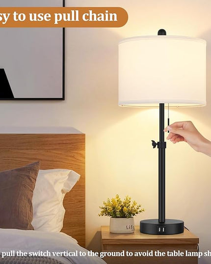 Table Lamp for Bedroom Set of 2, 23" to 30" Height Adjustable Bedside Lamp with 2 USB Ports, Black Nightstand Lamp with White Shade, Modern Pull Chain Table Lamp for Living Room End Table - LeafyLoom