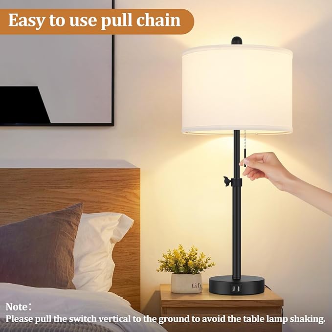 Table Lamp for Bedroom Set of 2, 23" to 30" Height Adjustable Bedside Lamp with 2 USB Ports, Black Nightstand Lamp with White Shade, Modern Pull Chain Table Lamp for Living Room End Table - LeafyLoom