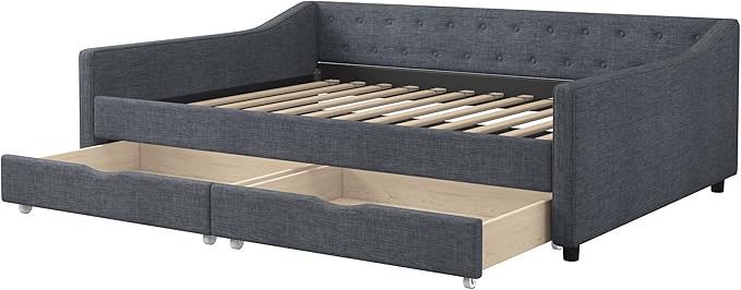 Full Size Daybed with Drawers, Linen Upholstered Tufted Sofa Bed Frame with Button on Back, Waved Shape Arms, Wooden Slats Support, Space-Saving, for Apartment, Bedroom, Dark Grey - LeafyLoom