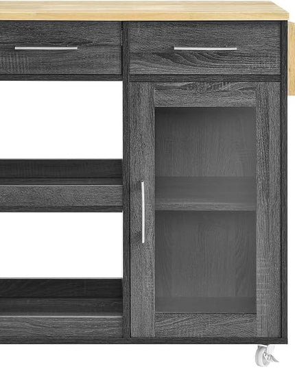 Modway Culinary Rolling Kitchen Cart with Storage in Charcoal Natural - 3 Tiers Kitchen Island on Wheels with Spice Rack, Functional as a Coffee Station, Bar Cabinet or Butcher Block Island - LeafyLoom