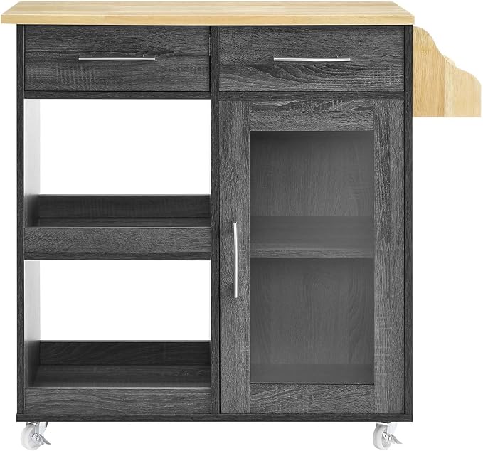 Modway Culinary Rolling Kitchen Cart with Storage in Charcoal Natural - 3 Tiers Kitchen Island on Wheels with Spice Rack, Functional as a Coffee Station, Bar Cabinet or Butcher Block Island - LeafyLoom