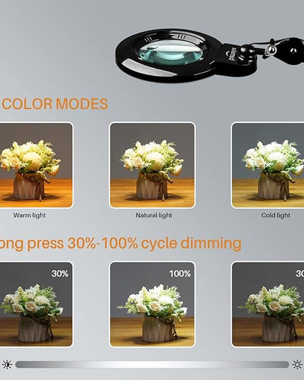 Bifocals Magnifying Desk Lamp with Clamp, 5 Diopter with 20 Diopter, 6 Inch Detachable Lens and 120PCS LEDs, 3 Color Modes 1200 Lumens Swivel Arm Magnifying Lamp with Light for Crafts - LeafyLoom