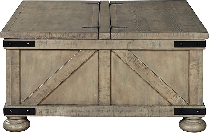 Signature Design by Ashley Aldwin Farmhouse Square Coffee Table with Lift Top for Storage, Grayish Brown, 36 in x 36 in x 18 in - LeafyLoom
