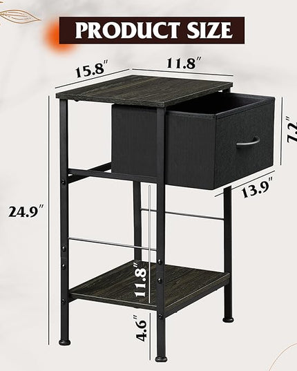 WLIVE Nightstands Set of 2, Black Nightstand with Fabric Storage Drawer and Open Wood Shelf, Night Stand set 2 with Steel Frame, Side Table for Bedroom, Dorm, Charcoal Black, 24.9" Height - LeafyLoom