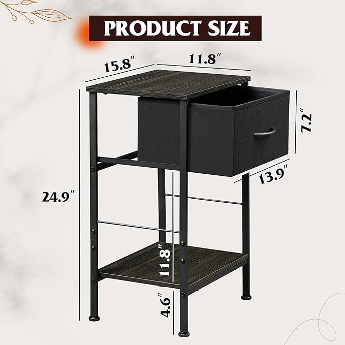 WLIVE Nightstands Set of 2, Black Nightstand with Fabric Storage Drawer and Open Wood Shelf, Night Stand set 2 with Steel Frame, Side Table for Bedroom, Dorm, Charcoal Black, 24.9" Height - LeafyLoom