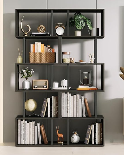 Furologee 6 Tier Bookshelf Tall Geometric Bookcase, S-Shaped Industrial Display Standing Shelf, Metal and Wood Decorative Storage Room Divider Shelves for Bedroom, Living Room, Office, Light Black Oak - LeafyLoom