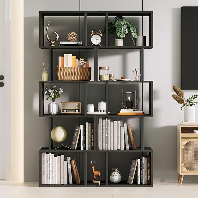 Furologee 6 Tier Bookshelf Tall Geometric Bookcase, S-Shaped Industrial Display Standing Shelf, Metal and Wood Decorative Storage Room Divider Shelves for Bedroom, Living Room, Office, Light Black Oak - LeafyLoom