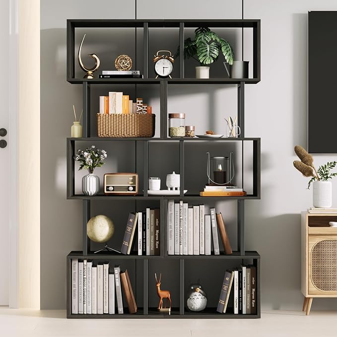 Furologee 6 Tier Bookshelf Tall Geometric Bookcase, S-Shaped Industrial Display Standing Shelf, Metal and Wood Decorative Storage Room Divider Shelves for Bedroom, Living Room, Office, Light Black Oak - LeafyLoom