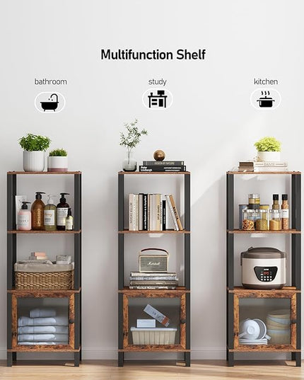 TUTOTAK 4 Tier Bookcase and Bookshelf, Narrow Book shelf with Door for Small Space, for Living Room, Office, Study, Entryway, Brown BS03BB004 - LeafyLoom