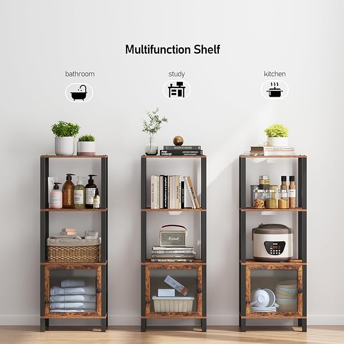 TUTOTAK 4 Tier Bookcase and Bookshelf, Narrow Book shelf with Door for Small Space, for Living Room, Office, Study, Entryway, Brown BS03BB004 - LeafyLoom