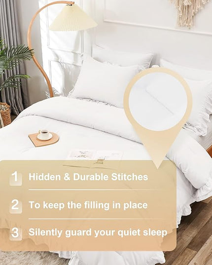 White Double Ruffle Comforter Set King Size (104x90 Inch), 3 Pcs Farmhouse Vintage Comforter Set (1 Ruffled Comforter and 2 Pillowcase), Rustic All Season Down Alternative Bedding Set - LeafyLoom