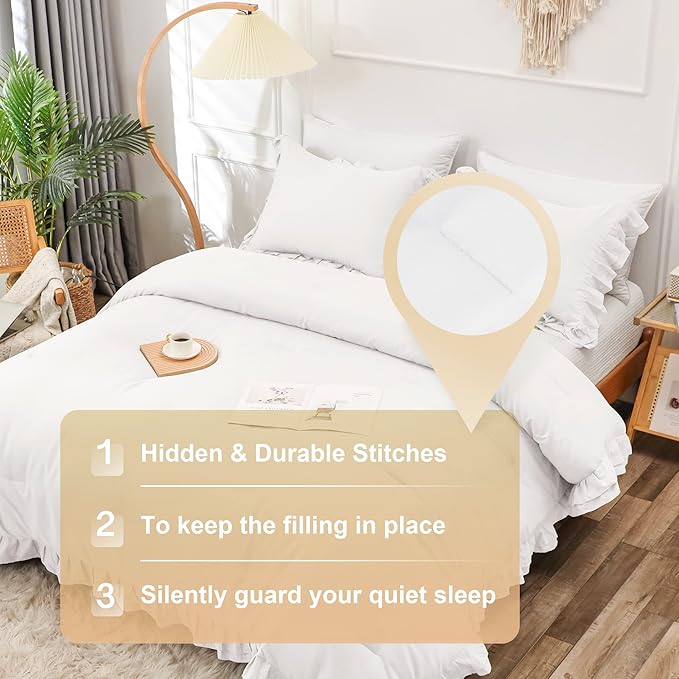 White Double Ruffle Comforter Set King Size (104x90 Inch), 3 Pcs Farmhouse Vintage Comforter Set (1 Ruffled Comforter and 2 Pillowcase), Rustic All Season Down Alternative Bedding Set - LeafyLoom