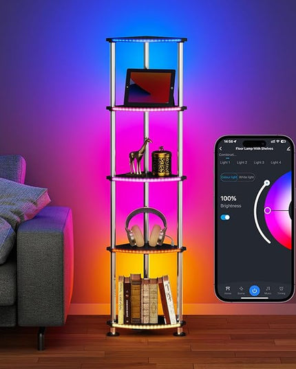 Floor Lamp with Shelves Corner Shelf with Lights Standing Lamp with Charging Stake APP Control Music Sync Multicolor Corner Lamp for Living Room Black 5 Tier - LeafyLoom