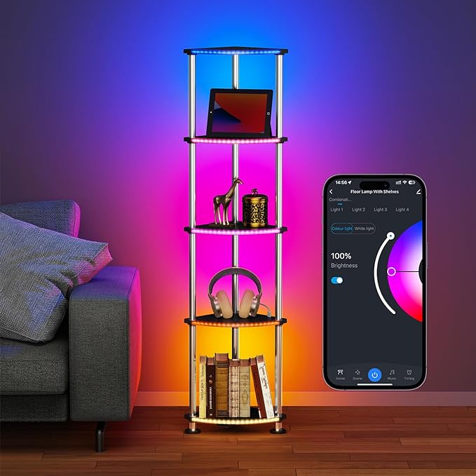 Floor Lamp with Shelves Corner Shelf with Lights Standing Lamp with Charging Stake APP Control Music Sync Multicolor Corner Lamp for Living Room Black 5 Tier - LeafyLoom