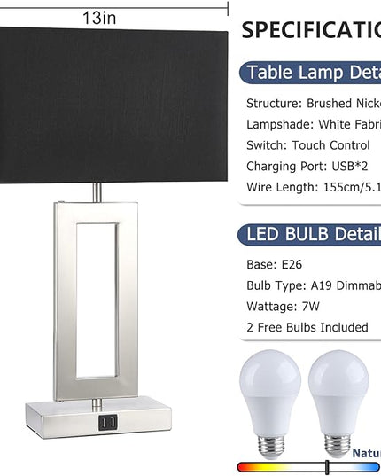 22'' Set of 2 Black Touch Table Lamps with 2 USB Ports, 3-Way Dimmable Touch Lamps for Bedroom Bedside Nightstand, Modern Brushed Nickel Lamps for Living Room End Table, LED Bulbs Included - LeafyLoom